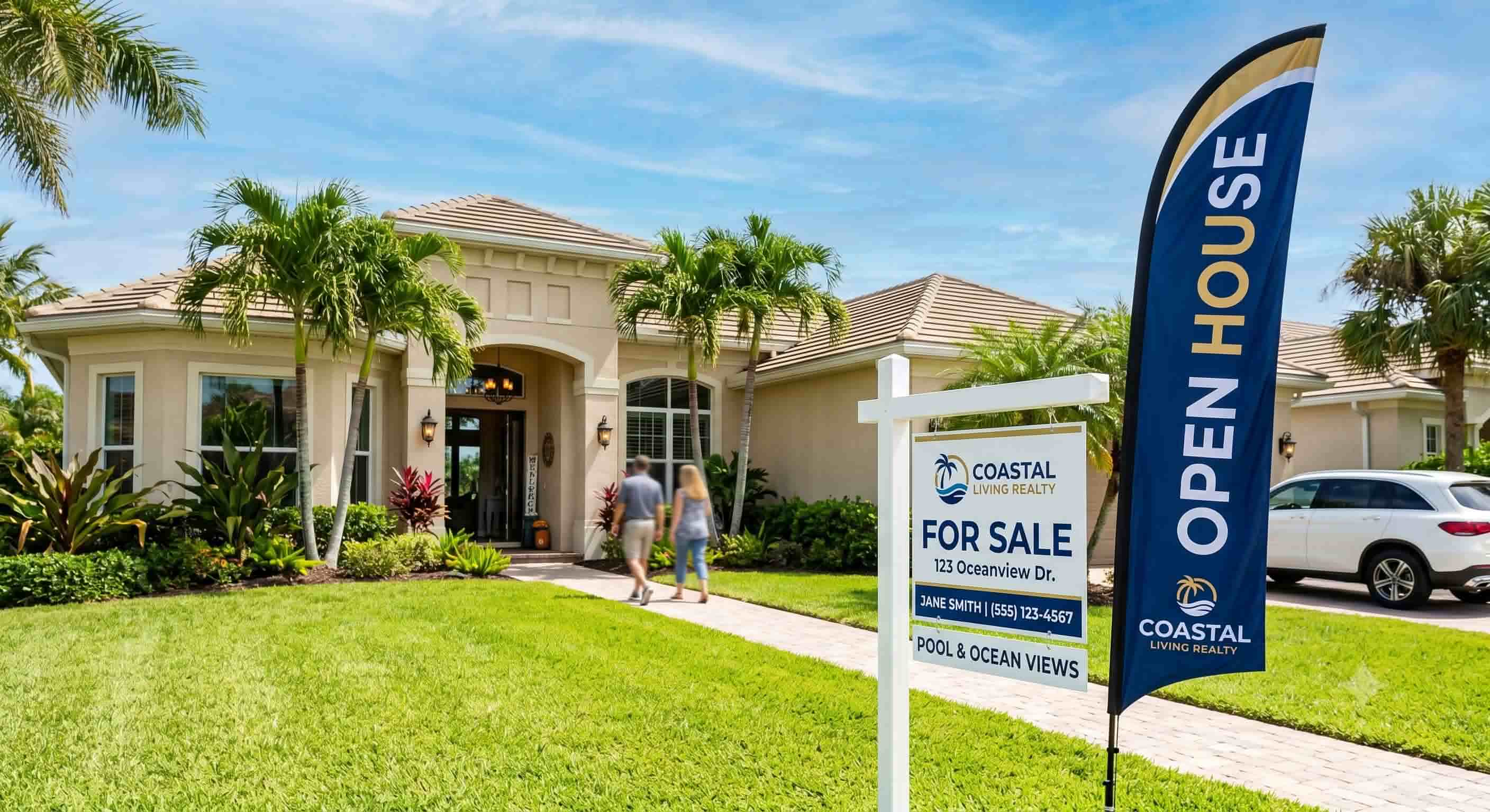 Professional real estate yard sign in front of a Florida residential property