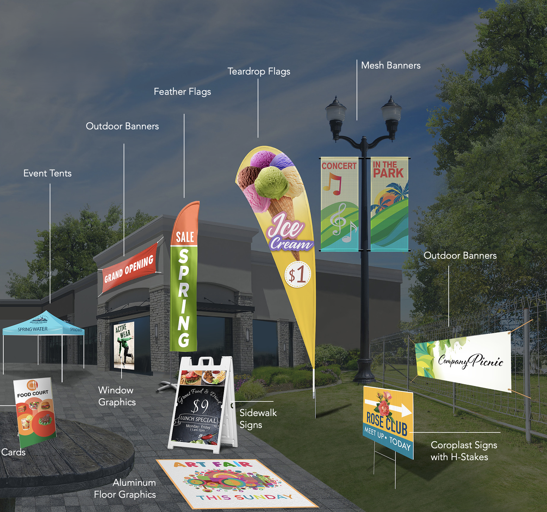 Durable outdoor commercial signage displaying custom flags and banners outside a storefront